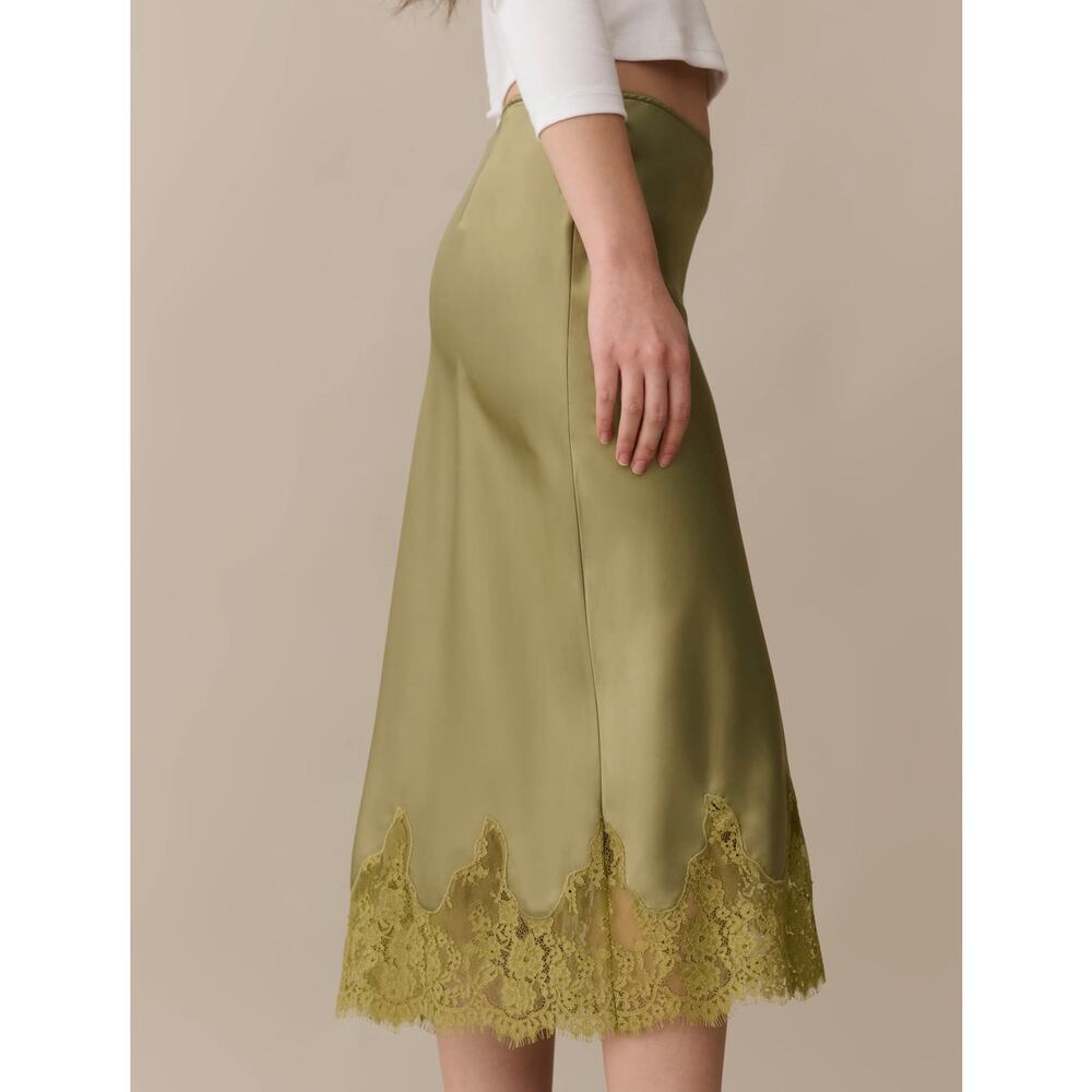 New Kourt Avery moss green satin skirt lace $172 sz S - Picture 3 of 6
